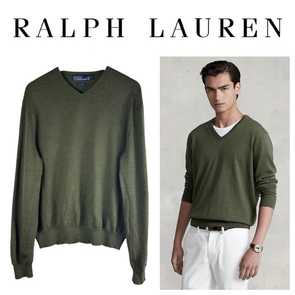 Polo Ralph Lauren Sweater Pullover Mens Sz XL Olive Green 100% WOOL V-Neck - Picture 1 of 3